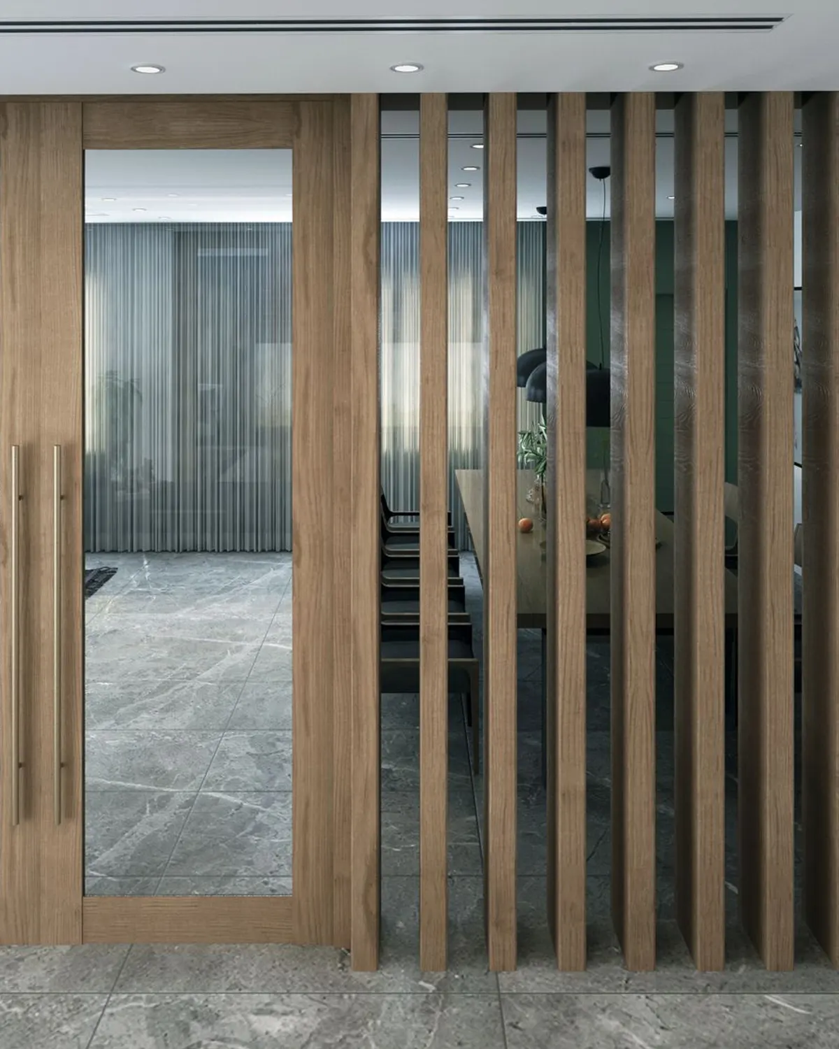 Entrada de una oficina moderna con puerta de cristal y pared de listones de madera